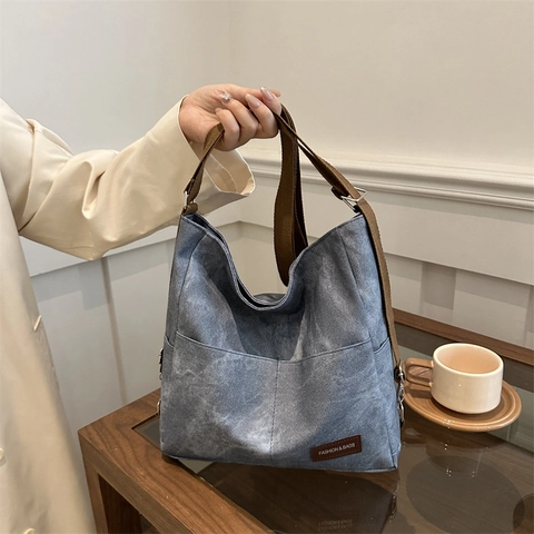 Borsa A Spalla Donna Grande Capacità Tela Retro Casual Pendolare Tracolla Regolabile Tasche Laterali