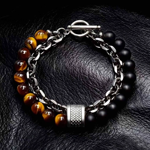 Men Bracelet Natural Stone Tiger Eye Lava Bead Double Layer Alloy Metal Chain OT Buckle Street Style Jewelry Accessory