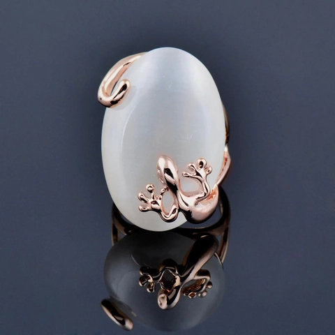 Gecko Lizard Ring Copper Rose Gold Plated Oval Imitation Moonstone Cat's Eye Stone Jewelry For Women