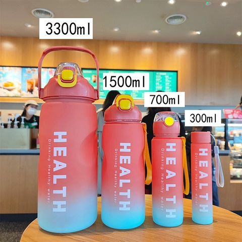 Sports Water Bottles Plastic Gradient Color Leakproof Large Capacity Motivational With Straw For Gym Outdoor Fitness Adult