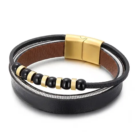 Men Multi-layer Leather Bracelet Stainless Steel Magnetic Clasp Braided Cord Bead Vintage Fashion Jewelry Wristband