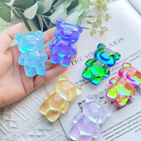 3D Iridescent Bear Phone Grip Griptok Cute Cartoon Holographic Resin Collapsible Mobile Phone Holder Stand For Desk