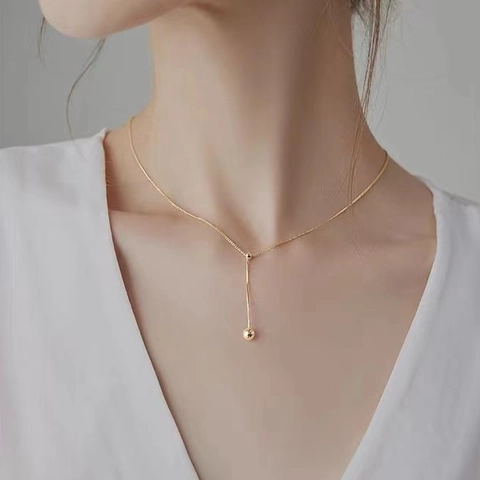 Minimalist Y-Shaped Necklace 925 Sterling Silver Polished Round Bead Pendant Lariat Neck Chain For Women Elegant Accessory