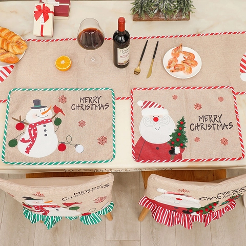 Christmas Placemats Burlap Texture Table Decor Santa Claus Snowman Pattern Festive Dining Restaurant Home Party Style