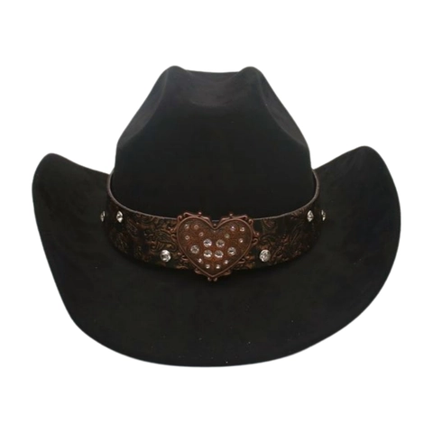 Sombrero De Vaquero Occidental Gamuza Vintage Hebilla Corazón Diamantes Banda Cuero Jazz Fedora