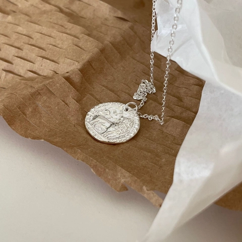 Collana Con Pendente Moneta Leone Vintage Argento Sterling 925 Medaglione Rilievo Francese Gioielli Classici Per Donna