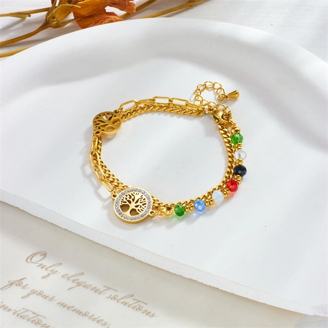 Pulsera De Doble Capa Del Árbol De La Vida De Acero Inoxidable Cuentas De Colores Cadena De Strass Joyería De Moda