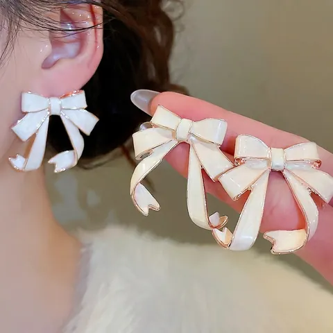 Pendientes De Lazo De Esmalte Con Poste De Plata Joyería Dulce Vintage Francés Elegante Para Mujer