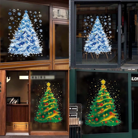 Christmas Window Stickers Static Cling PVC Reusable Snowflake Christmas Tree Shop Glass Decals Laser Blue Winter Decor
