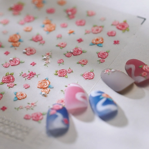 3D Embossed Nail Art Stickers Rose Flower Lace Design With Faux Artificial Pearl Self Adhesive Manicure Decoration Vintage Style