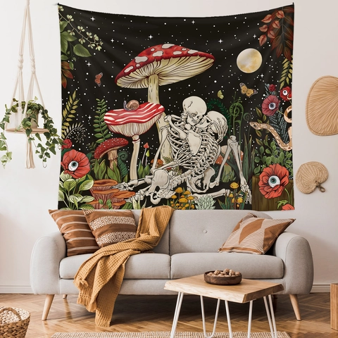 Gothic Skeleton Mushroom Tapestry Polyester Wall Hanging Bohemian Mystic Moon Star Aesthetic Bedroom Living Room Decor