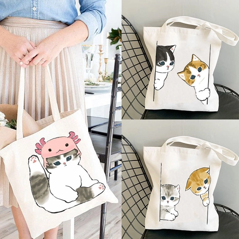 Cute Cartoon Cat Print Canvas Tote Bag Reusable Shoulder Shopping Handbag For Women Girls Kawaii Eco Friendly Foldable