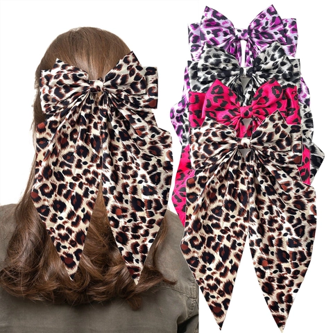 Große Haarschleife Mit Langen Streamern Satin Leopard Floral Print Federclip Elegante Handgefertigte Haar Accessoire Für Damen