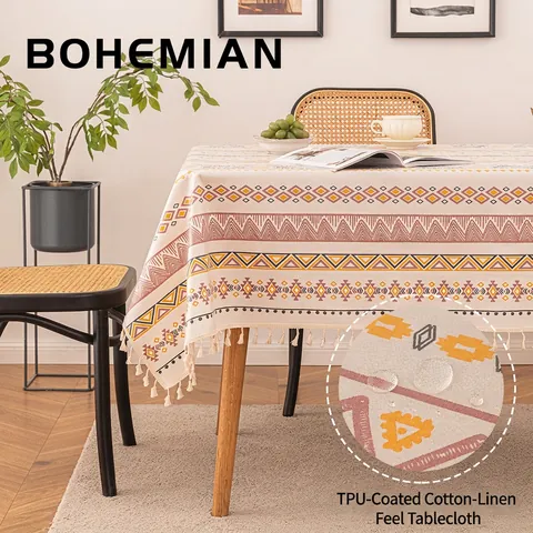 Bohemian Waterproof Tablecloth Cotton Linen Geometric Pattern TPU Coated Rectangular Dining Table Cover With Tassels