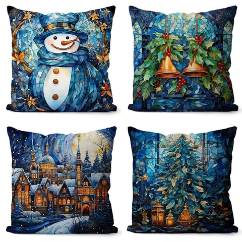 Fundas De Cojines De Navidad Franela De Poliéster Estilo Vidriera Muñeco De Nieve Papá Noel Reno Decoración Navideña