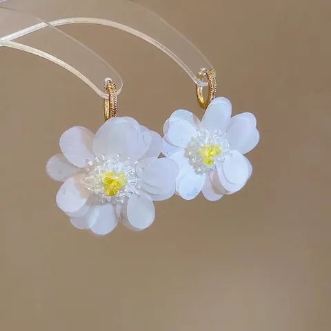 Blumen Tropfenohrringe Irisierend Weiß Pailletten Zirkon Gold Creolen Süßer Blumenschmuck Für Damen