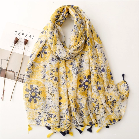 Lightweight Voile Scarf Shawl For Women With Abstract Floral Print And Tassel Trim Long Breathable Sun Protection Accessory
