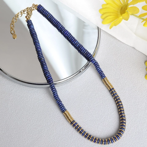 Collana di Perline in Pietra Naturale Retro per Donna Acciaio Inossidabile Placcato Oro 18K Lapis Lazzuli Malachite Gioielli