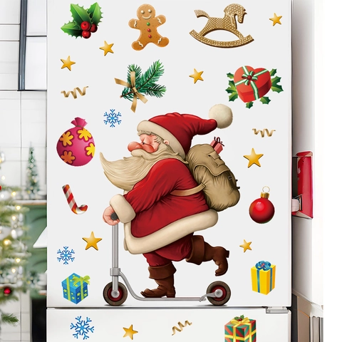 Weihnachten Wandaufkleber Weihnachtsmann Auf Roller Schneeflocken PVC Selbstklebende Fensterbilder Für Heimdeko