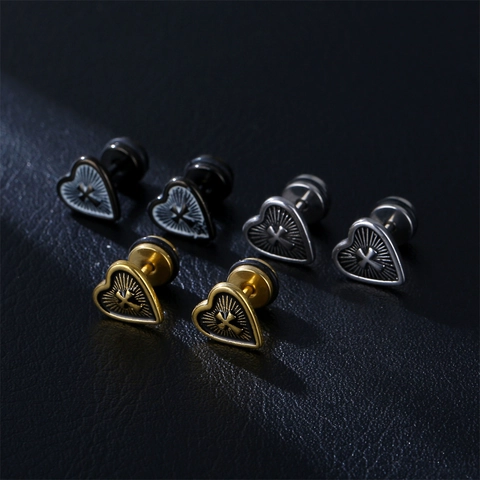 Gothic Punk Heart Cross Stud Earrings 316L Stainless Steel Vintage Hip Hop Style Unisex Secure Screw Back Jewelry Accessory