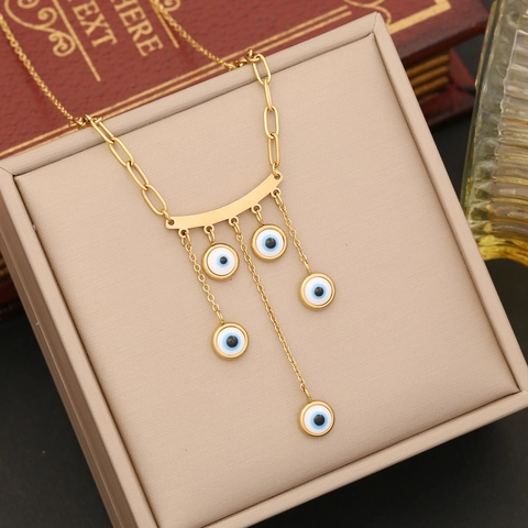 Evil Eye Halskette Edelstahl Gebogene Stange Multi Anhänger Quaste Schlüsselbeinkette Personalisiertes Schmuckgeschenk