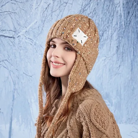 Gorro De Punto Con Orejeras Mezcla De Lana Invierno Cálido A Prueba De Viento Al Aire Libre Moda Mujer Moteado Colorido