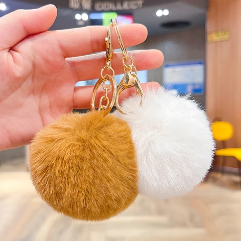 Porte-clés Pompon en Imitation Fourrure de Lapin Rex Boule en Peluche Douce Avec Boucle en Alliage Doré Bijou de Sac Femme Mignon