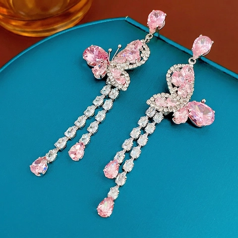 Orecchini Pendenti Con Nappa A Farfalla Per Donna Lega Zircone Rosa Gioielli Con Perno In Argento