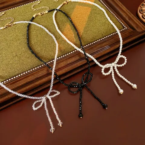 Collana Girocollo Con Fiocco Perla Artificial Sintetica Cristallo Artificiale Gioielli Eleganti Per Donna Stile Francese