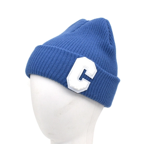 Knitted Beanie Hat With Letter C Patch Warm Winter Ribbed Texture Outdoor Casual Folded Cuff Cap For Men Women