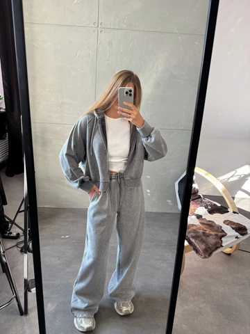 Femme Sweat À Capuche Et Pantalon De Jogging Two Piece Streetwear Délavé Zippé Haut À Capuche Pantalon Taille Haute