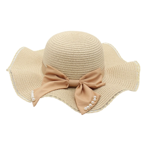 Chapeau De Paille Femme Large Bord Ondulé Noeud Künstliche Perle Protection Solaire Plage Été Vacances Élégant