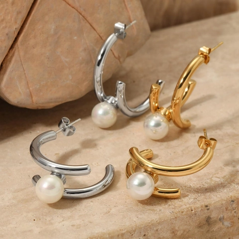 Pendientes De Aro En Forma De C De Acero Inoxidable Con Perla Artificial De Concha Joyería De Moda Geométrica Para Mujeres