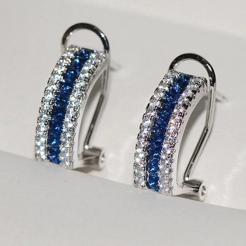 Elegant J-Shaped Hoop Earrings Copper With Blue And White Cubic Zirconia Multi Row Pave Setting Fashion For Women