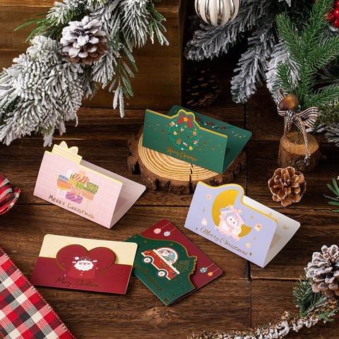 Creative Christmas Folding Greeting Cards With Envelopes Bronzing Holiday Gift Cards For Xmas Party Decoration Santa Snowman Tree Wreath Patterns