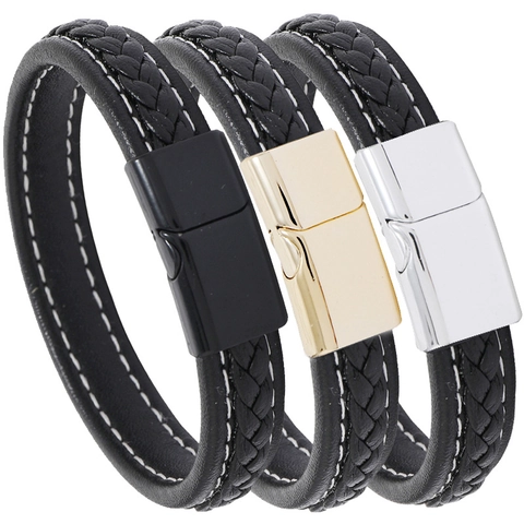Men Braided PU Leather Bracelet With Alloy Magnetic Clasp Contrast White Stitching Punk Simple Style Hand Jewelry