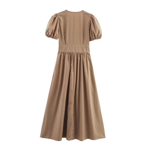 Elegant French Style Maxi Dress Polyester Deep V Neck Short Puff Sleeve High Waist Pleated Solid Color Vintage Women