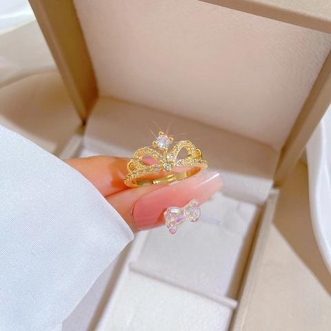 Crown Ring Hollow Gold Plated Brass Cubic Zirconia Adjustable Open Jewelry Wedding Engagement For Women Simple Elegant