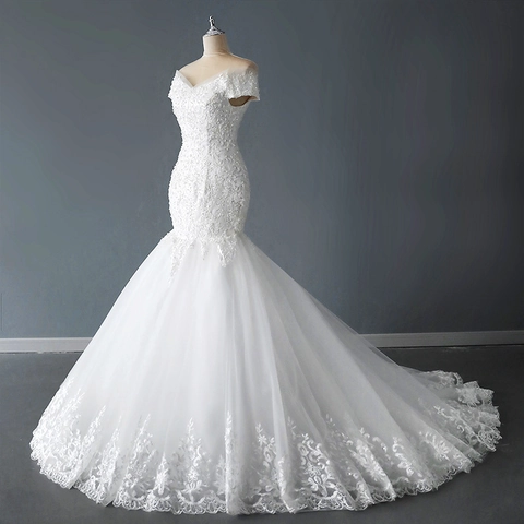Off Shoulder Zeemeermin Trouwjurk Kant Tule Pailletten Elegant Bruid Vloerlengte Bruidsjurk Open Rug Vetersluiting