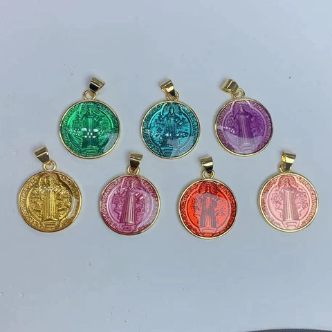 Ciondolo Medaglia San Benedetto Rame Placcato Oro 18K Smalto Rotondo Religioso Cattolico DIY Accessori Gioielli Donna