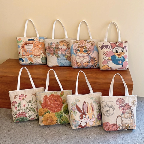 Borsa Tote In Tela Grande Capacità Ricamo Jacquard Floreale Animali Cartoni Animati Vintage Borsa A Spalla Casual Per Donne