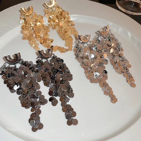 Lange Kwastjes Oorbellen Met 925 Sterling Zilveren Oorsteker U-Vorm Geometrisch Metalen Pailletten Cluster Mode Voor Dames