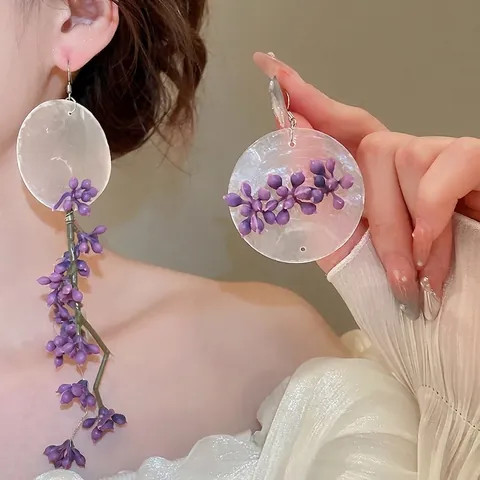 Asymmetrical Long Tassel Drop Earrings With Purple Flower Berry And Pearlescent White Shell Disc Silver Earring Post Forest Style For Women