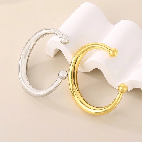Hohl C-Form Offener Armreif Edelstahl Vergoldet Glatt Poliert Kugelende Minimalistisches Armband Für Frauen