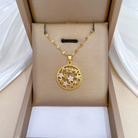 Mama Letter Star Round Pendant Necklace Stainless Steel Chain With Copper Cubic Zirconia For Women Gold Color Elegant
