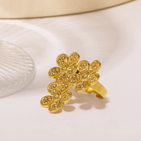 Anello Fiore Acciaio Inossidabile Zircone Micro Incastonato Stile Retrò Francese Cinque Petali Fiore Di Prugno Anello Aperto Regolabile