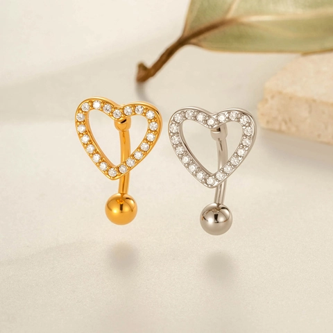 Heart Shaped Rotatable Belly Ring Stainless Steel Micro Pave Zircon Hollow Umbilical Piercing Body Jewelry For Women