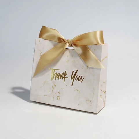 Marble Pattern Thank You Candy Boxes Gift Bags With Satin Ribbon Bow Gold Foil For Wedding Party Favors Elegant Packaging