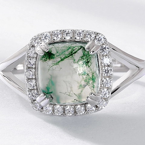 Anillo De Ágata Musgo Natural Plata De Ley 925 Corte Cojín Halo Ajustable Banda Abierta Joyería Para Mujeres Vintage Elegante