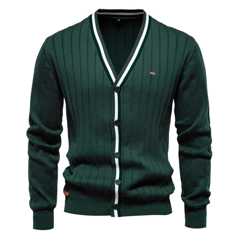 Heren Vest Met V-Hals Lange Mouwen Katoen Geribbelde Gebreide Contrastbies Casual Mode Bovenkleding
